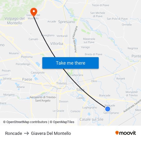 Roncade to Giavera Del Montello map