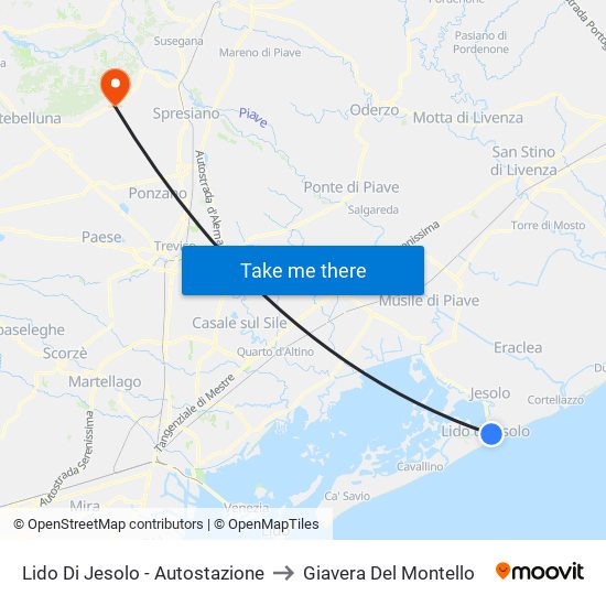 Lido Di Jesolo - Autostazione to Giavera Del Montello map