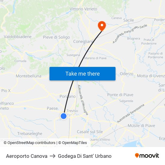 Aeroporto Canova to Godega Di Sant' Urbano map