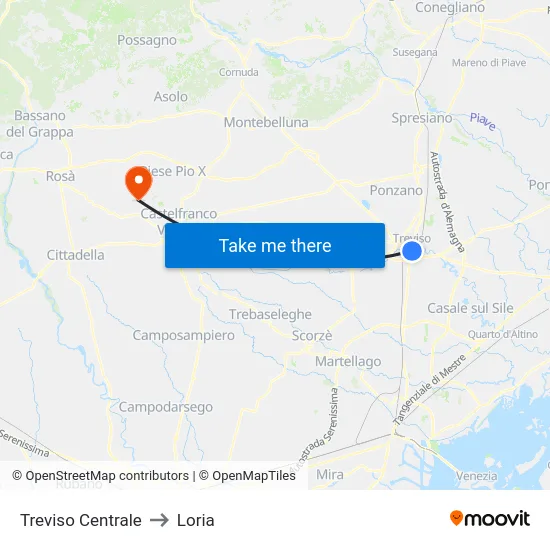 Treviso Centrale to Loria map