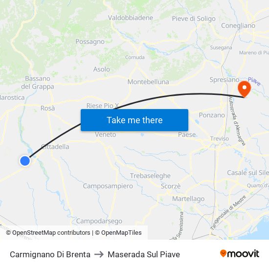 Carmignano Di Brenta to Maserada Sul Piave map