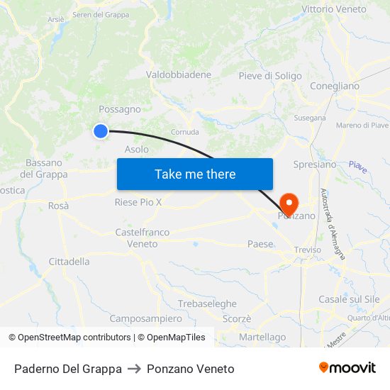 Paderno Del Grappa to Ponzano Veneto map