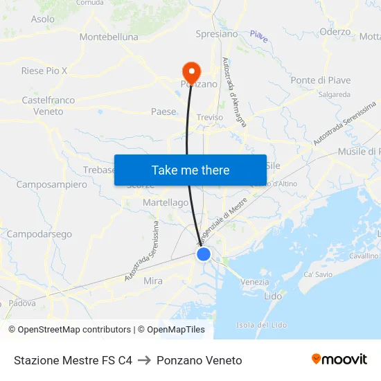 Stazione Mestre FS C4 to Ponzano Veneto map