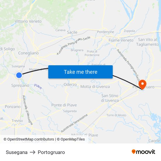 Susegana to Portogruaro map