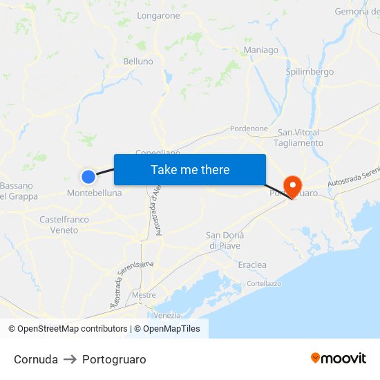 Cornuda to Portogruaro map