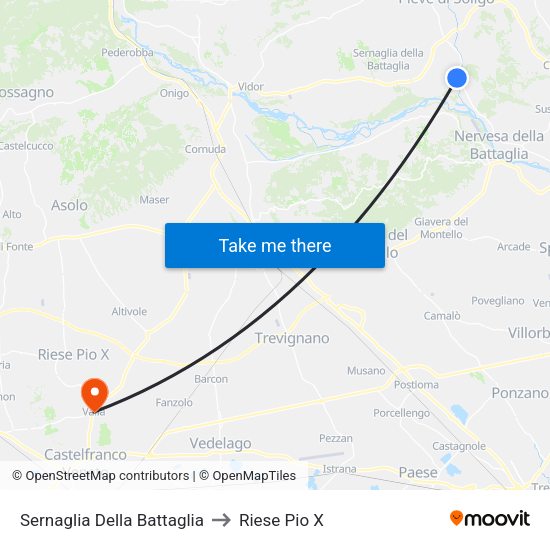 Sernaglia Della Battaglia to Riese Pio X map