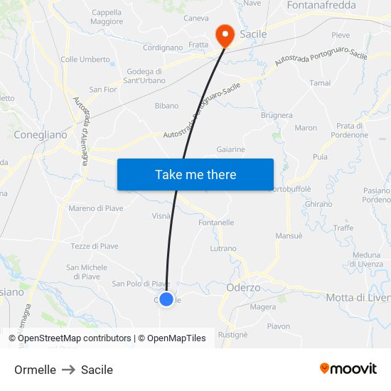 Ormelle to Sacile map