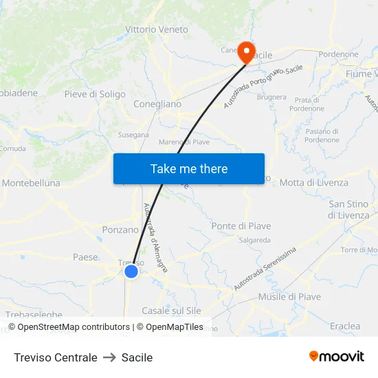 Treviso Centrale to Sacile map