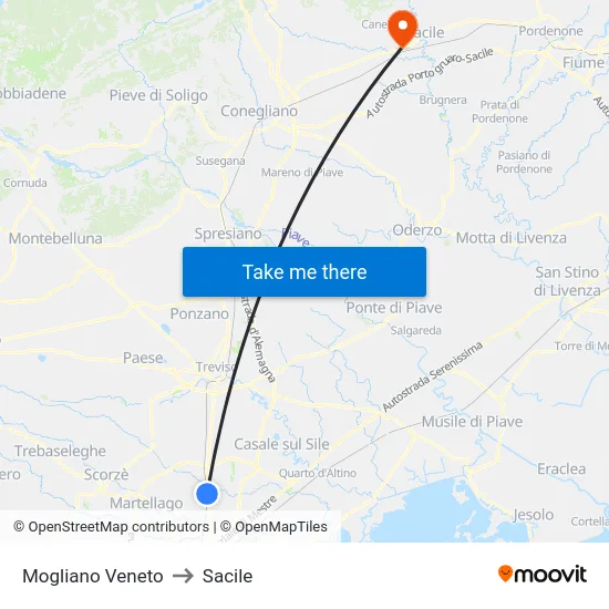Mogliano Veneto to Sacile map