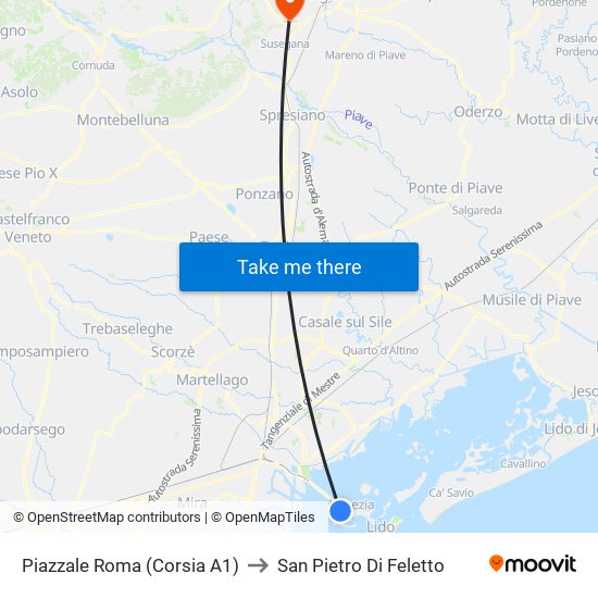 Piazzale Roma (Corsia A1) to San Pietro Di Feletto map