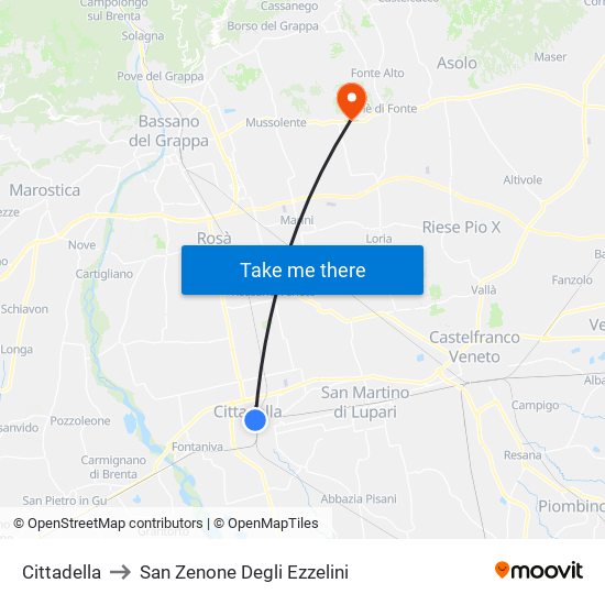 Cittadella to San Zenone Degli Ezzelini map