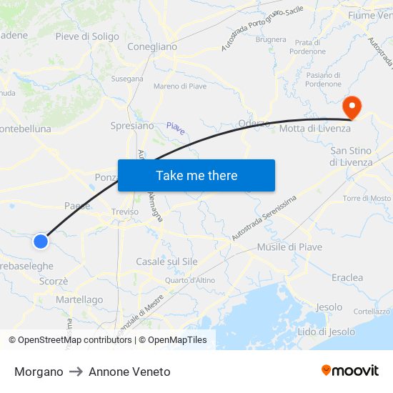 Morgano to Annone Veneto map