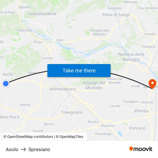 Asolo to Spresiano map