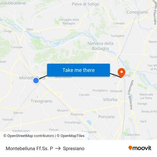Montebelluna Ff.Ss. P to Spresiano map