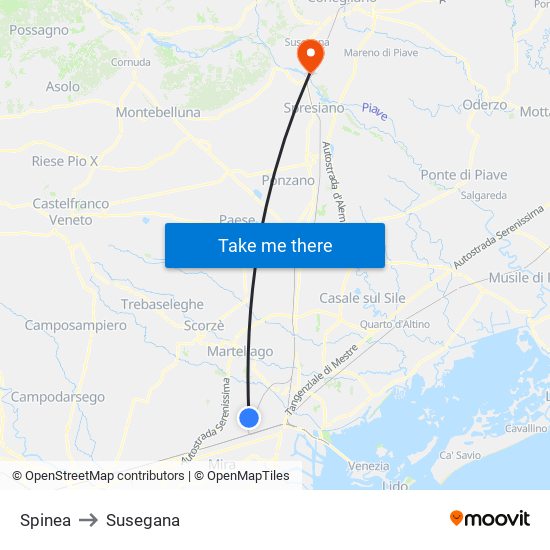 Spinea to Susegana map