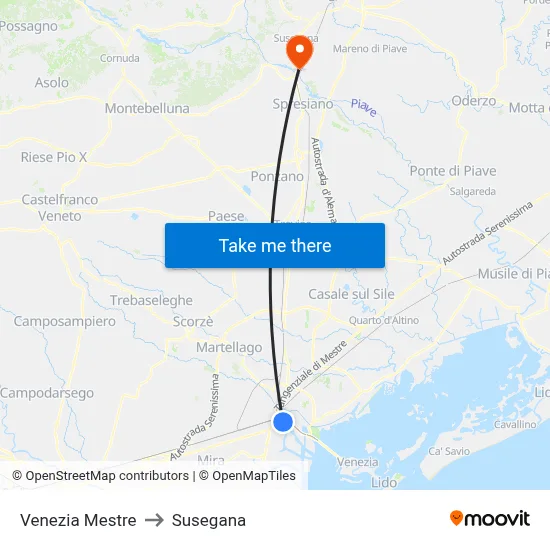 Venezia Mestre to Susegana map