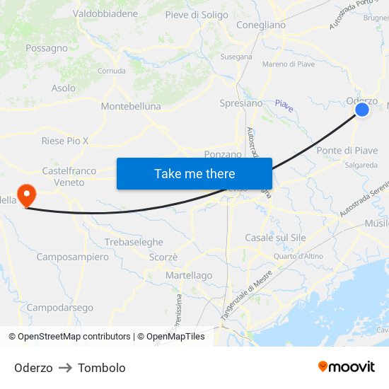 Oderzo to Tombolo map