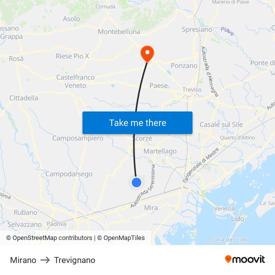 Mirano to Trevignano map