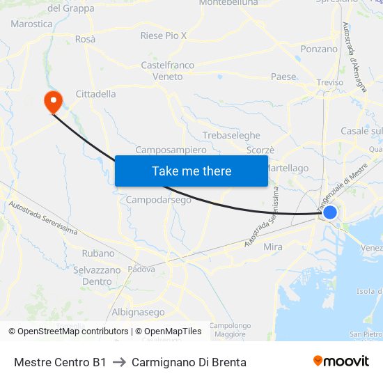 Mestre Centro B1 to Carmignano Di Brenta map