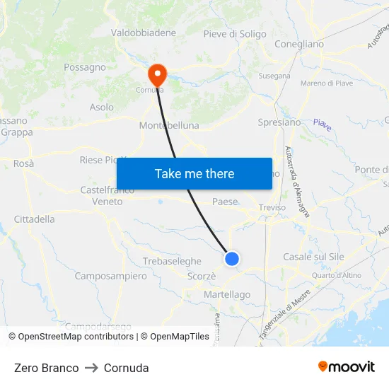 Zero Branco to Cornuda map