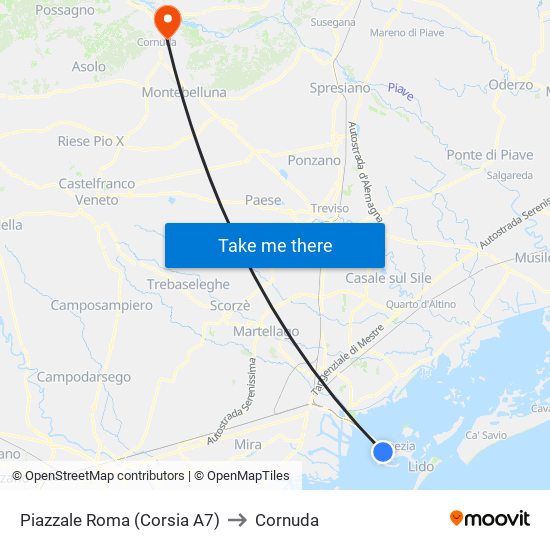 Piazzale Roma (Corsia A7) to Cornuda map