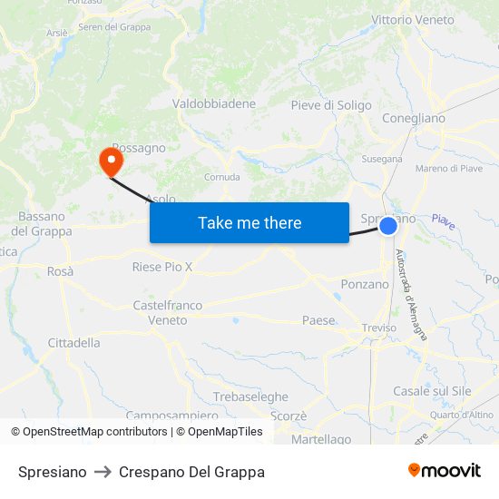 Spresiano to Crespano Del Grappa map