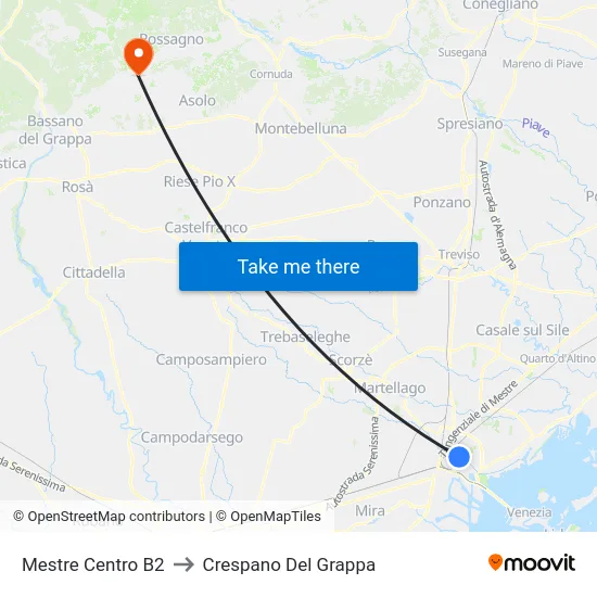 Mestre Centro B2 to Crespano Del Grappa map