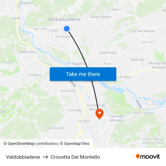 Valdobbiadene to Crocetta del Montello map