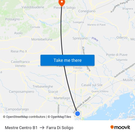 Mestre Centro B1 to Farra Di Soligo map