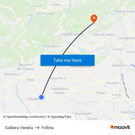 Galliera Veneta to Follina map