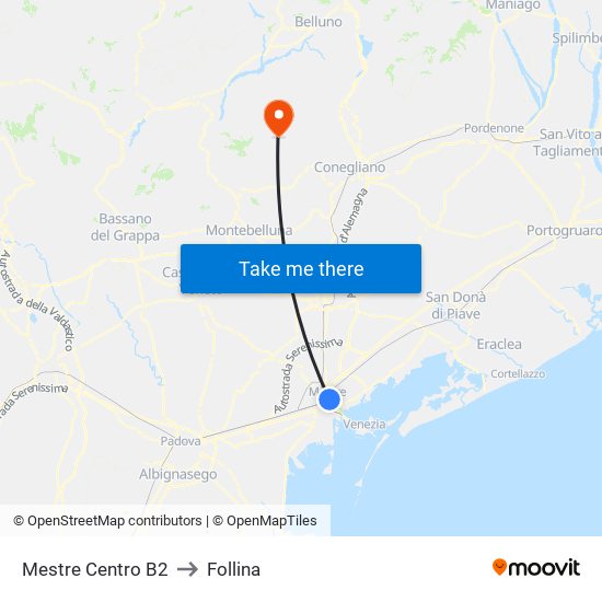 Mestre Centro B2 to Follina map