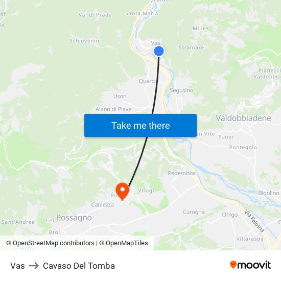 Vas to Cavaso Del Tomba map