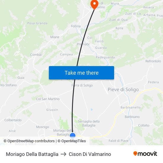 Moriago Della Battaglia to Cison Di Valmarino map