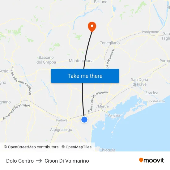 Dolo Center to Cison Di Valmarino map