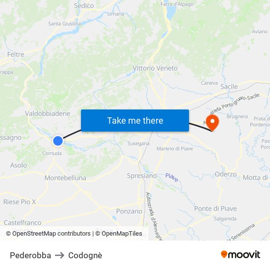 Pederobba to Codognè map