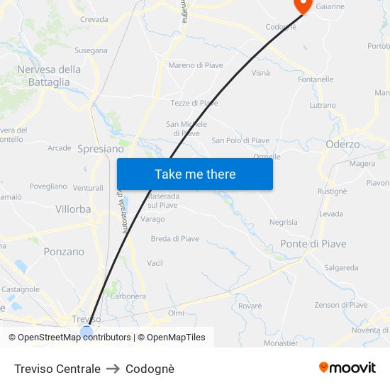 Treviso Centrale to Codognè map