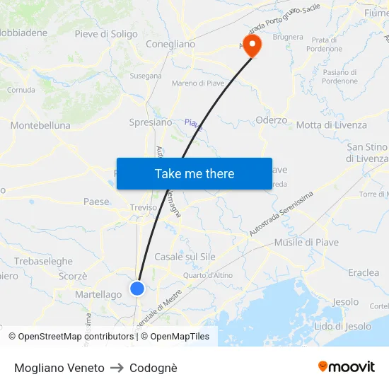Mogliano Veneto to Codognè map