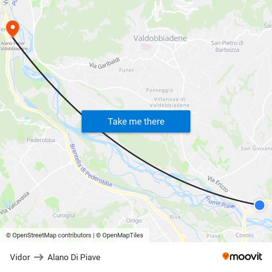 Vidor to Alano Di Piave map