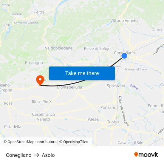 Conegliano to Asolo map