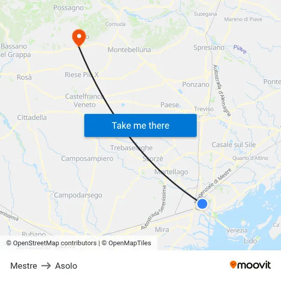 Mestre to Asolo map