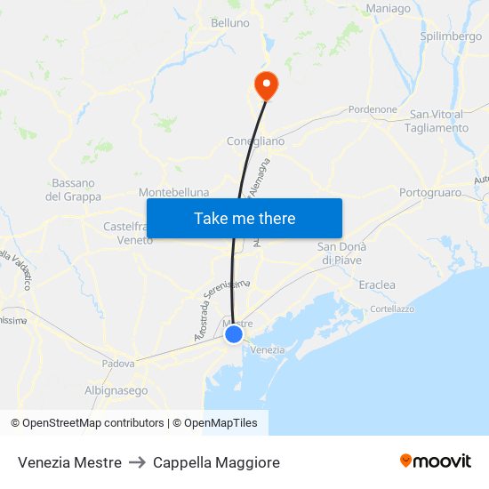 Venezia Mestre to Cappella Maggiore map