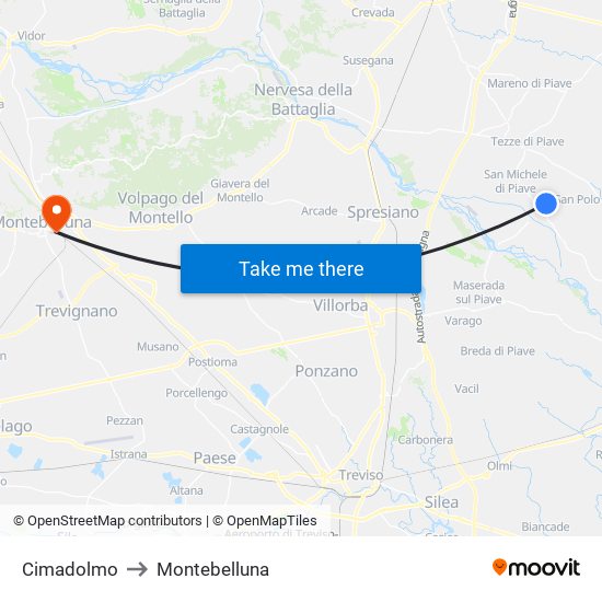 Cimadolmo to Montebelluna map