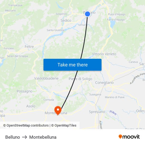 Belluno to Montebelluna map