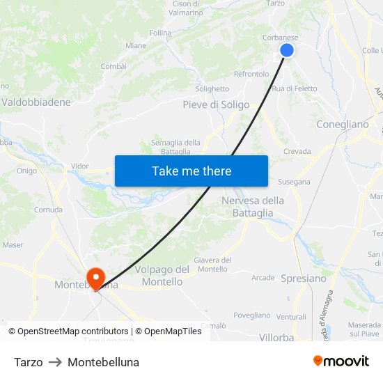 Tarzo to Montebelluna map