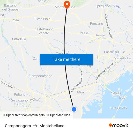 Camponogara to Montebelluna map