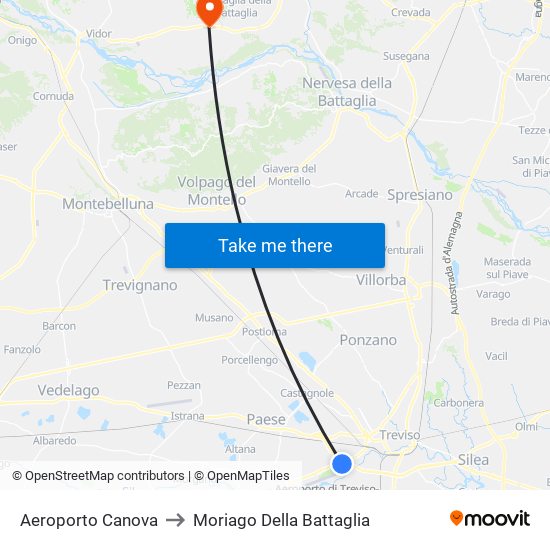 Aeroporto Canova to Moriago Della Battaglia map