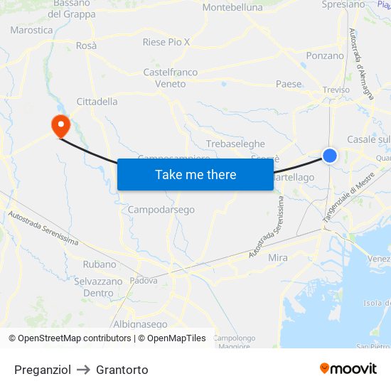 Preganziol to Grantorto map