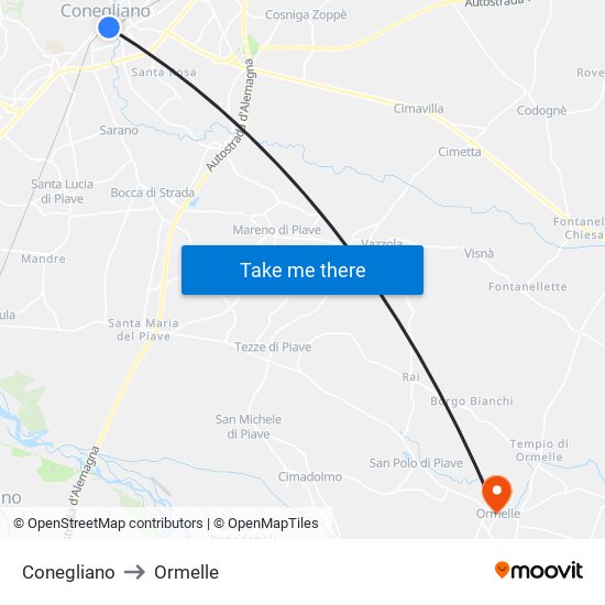 Conegliano to Ormelle map