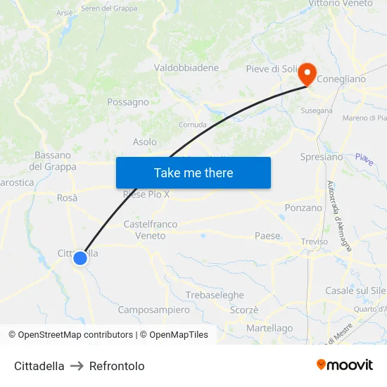 Cittadella to Refrontolo map