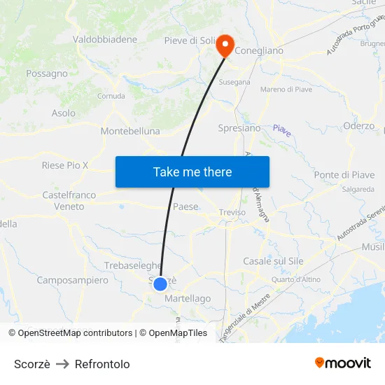 Scorzè to Refrontolo map